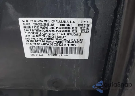 2013 Honda Pilot Ex-L из США, поврежденный, VIN 5FNYF4H5XDB037637